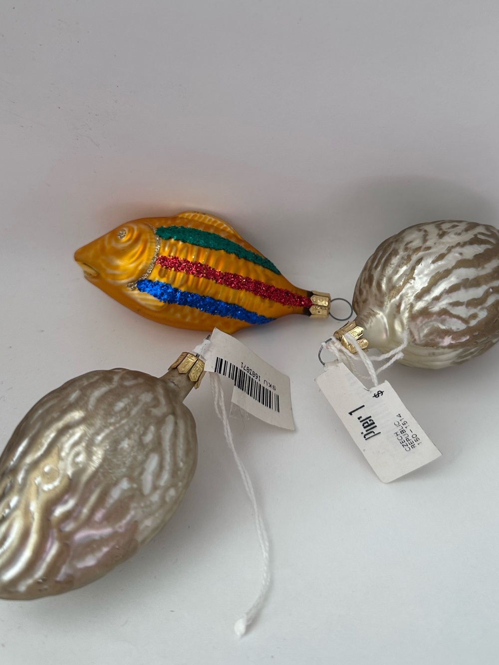 3 Pier 1 Gold Walnut's & fish glass Christmas Ornament's